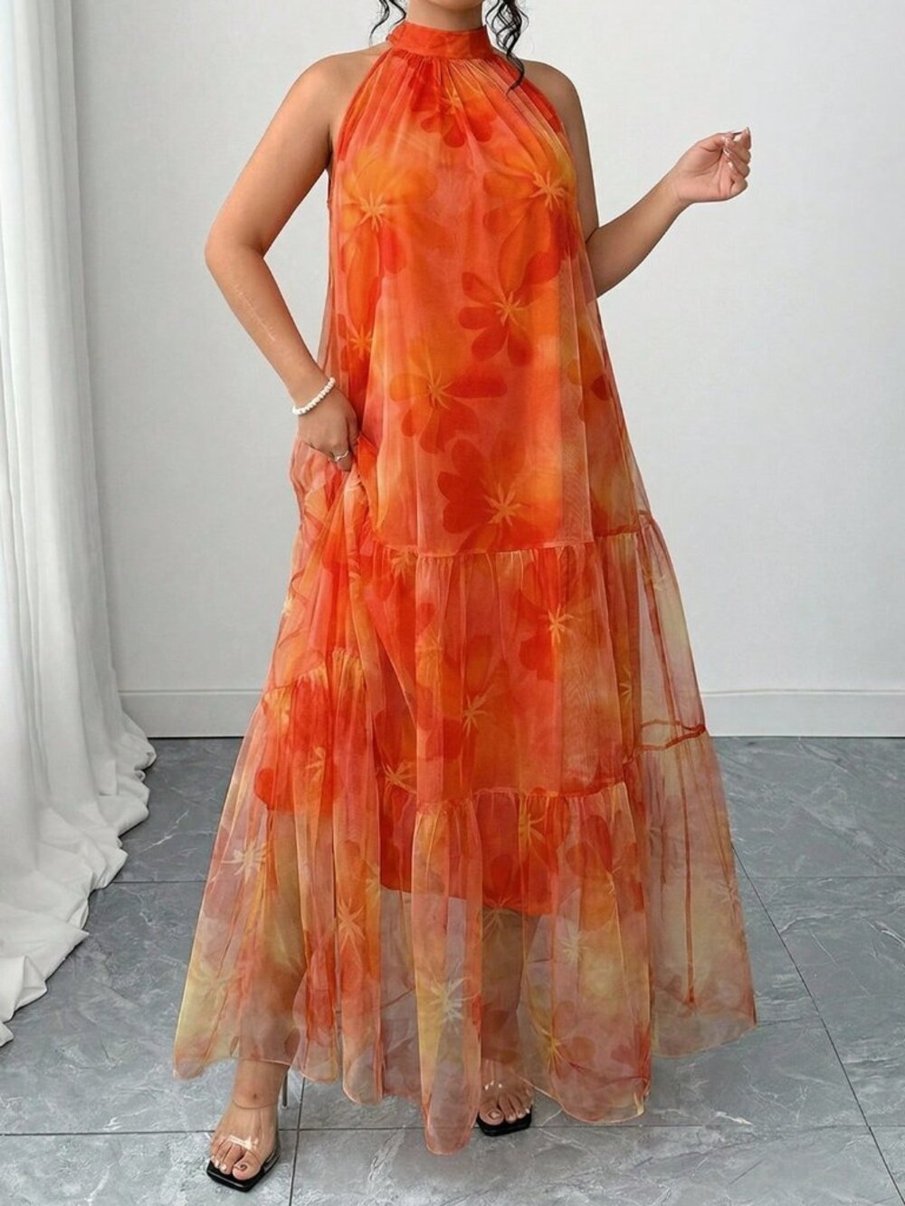 Orange Casual Women's Plus Size Sleeveless Double-Layer Floral Chiffon Dress - Picture 5 of 5